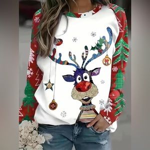 Woman’s Plus Size Adorable Holiday Reindeer Long Sleeve Shirt    Size: Various